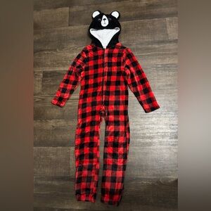 Modern Kids Red & Black Plaid Zip Up Teddy Bear  Hooded Bodysuit Size M 8-10